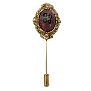 1928 Brand Gold Tone Rose Glass Art Glass Stick Lapel Pin, K45
